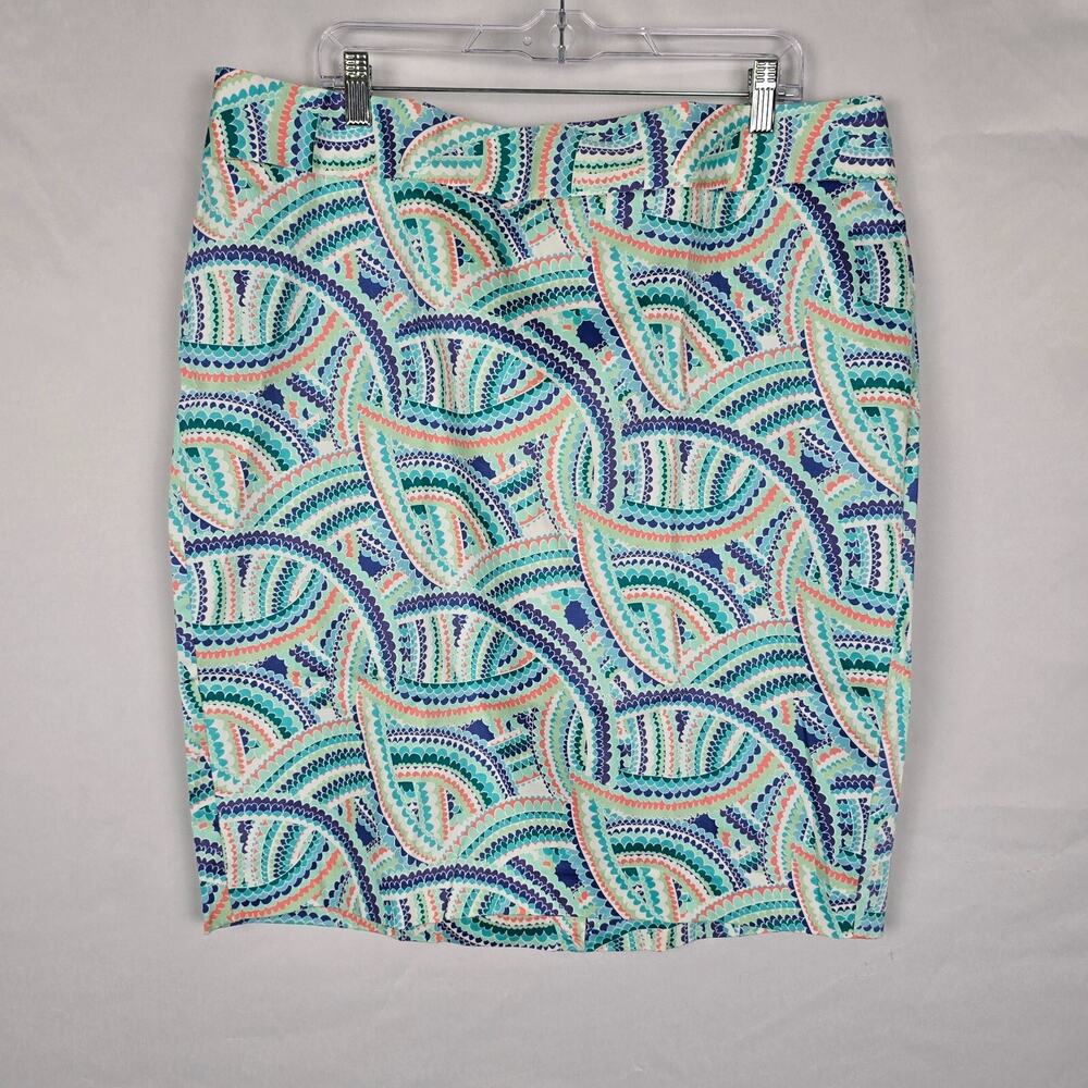 Lane Bryant Pencil Skirt Women's 20 Blue Green Peach Geometric Slit Zipper EUC